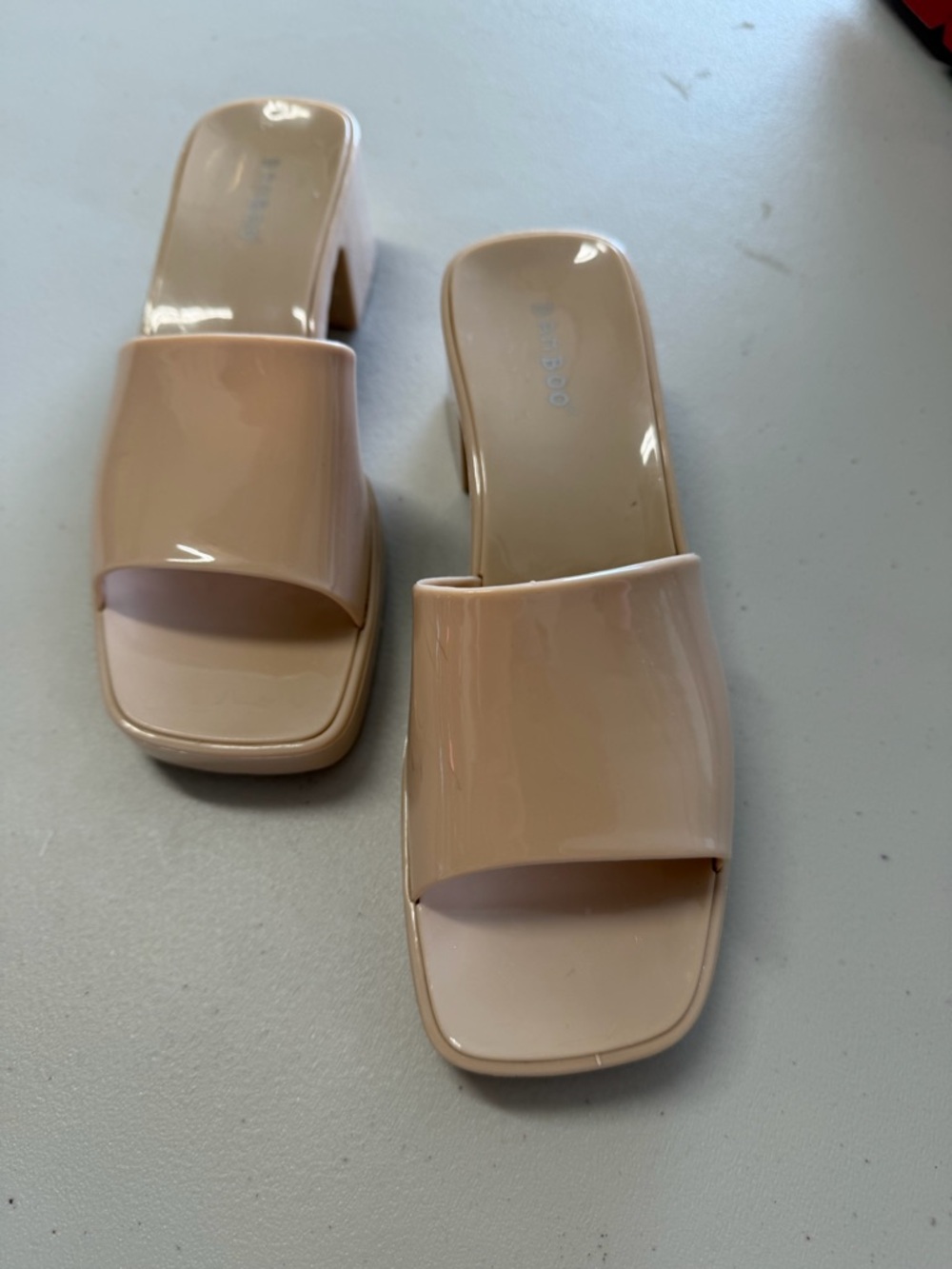 BAMBOO Blush Patent Square Toe Block Heel Slide Sandals jelly sandal